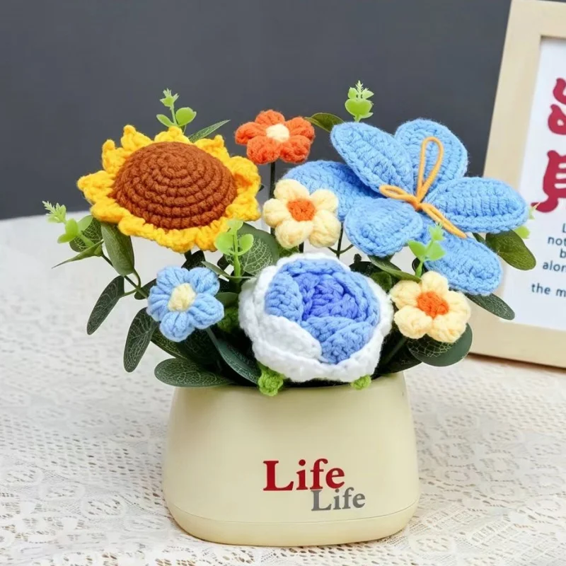 Buquês De Plantas Artificiais Em Vasos, Feitos Em Crochê, Perfeitos Para Decoração De Casa E Presentes De Aniversário.