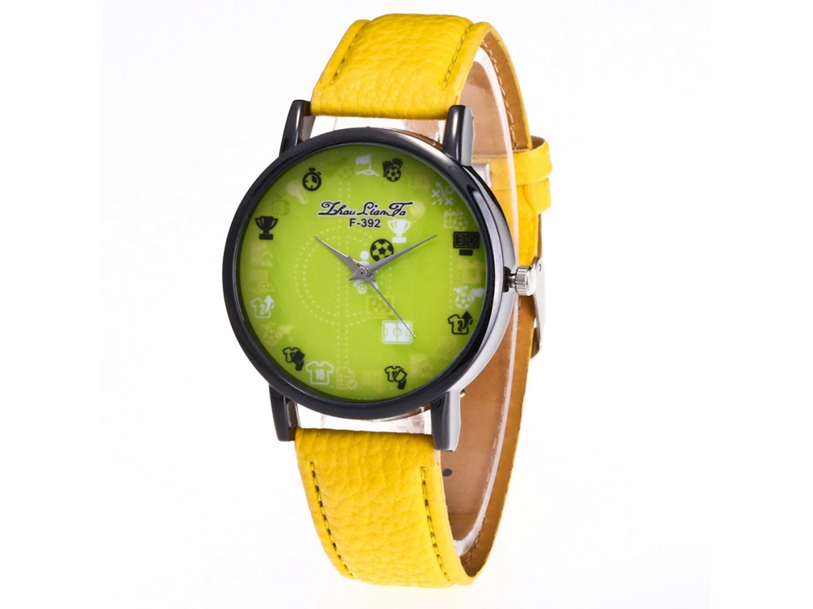 Relógio de pulso Fashion Student Sports Quartz com pulseira de couro com estampa de lichia amarela.