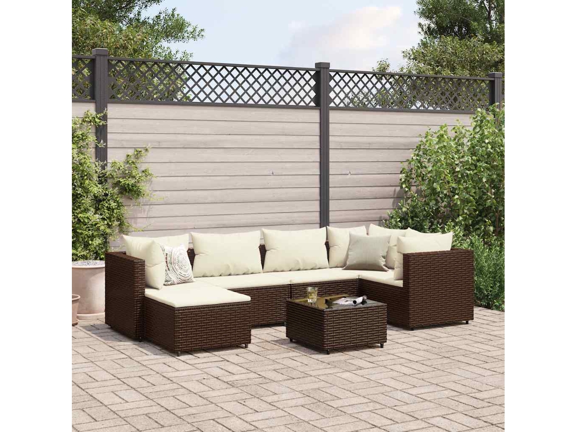 Vidaxl 7 Pcs Conjunto Lounge De Jardim C/ Almofadões Vime Pe Castanho