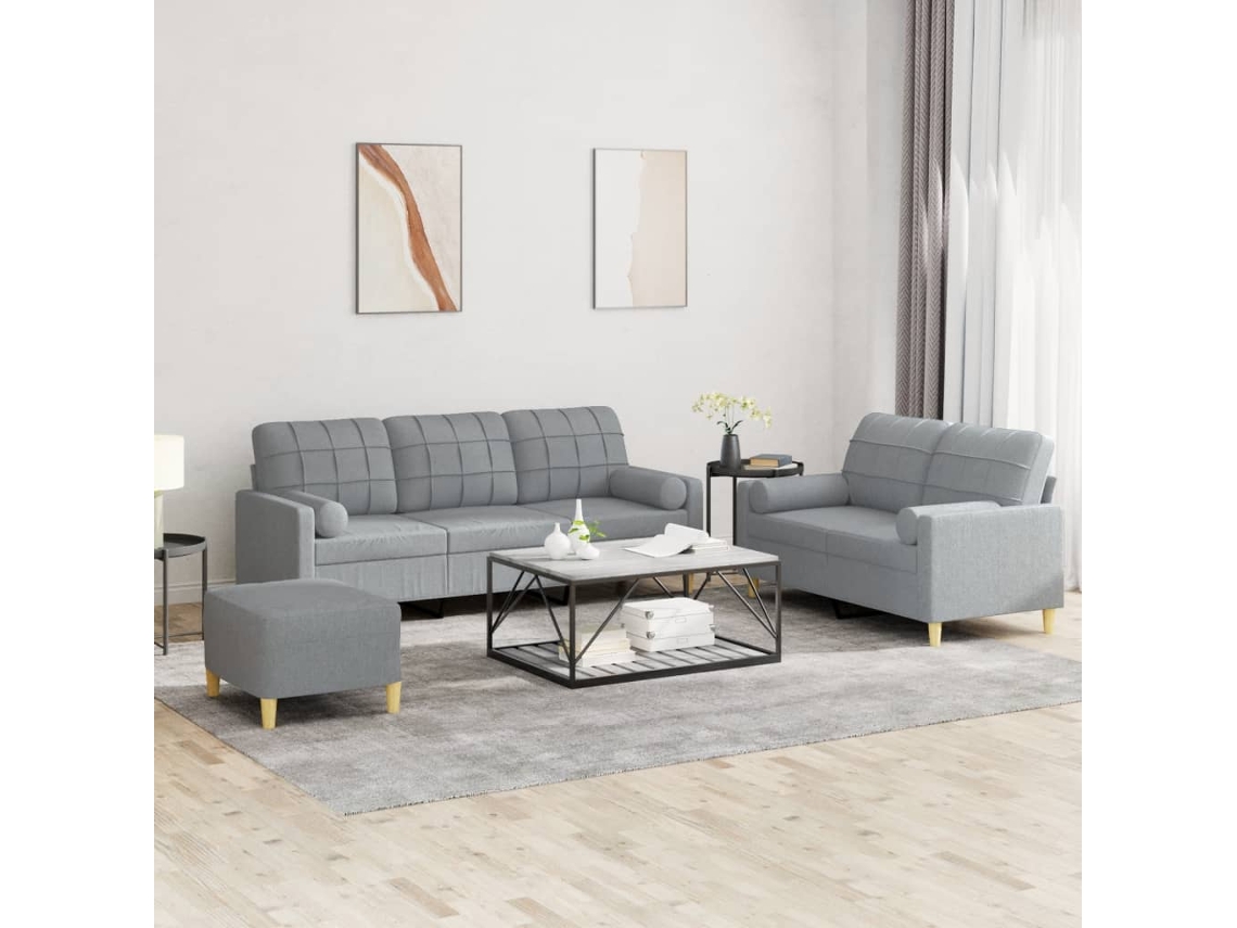 Vidaxl 3 Pcs Conjunto De Sofás Com Almofadas Tecido Cinzento-claro