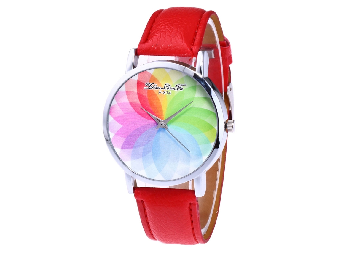Relógio feminino de couro com mostrador redondo, mecanismo de quartzo e pulseira vermelha.