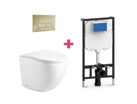 Conjunto de vaso sanitário suspenso de cerâmica Genova com cisterna retangular dourada e botão de descarga da Aquore