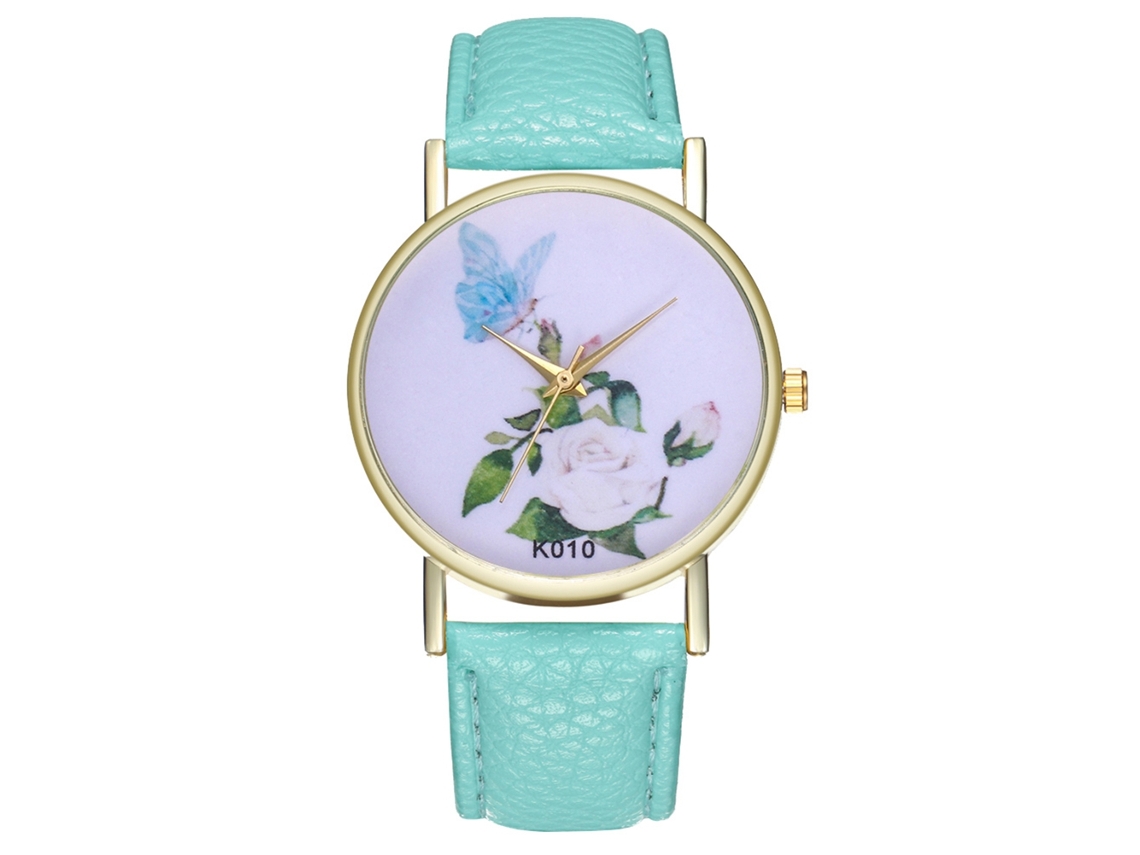 Relógio de pulso unissex Zhoulianfa em couro PU com mostrador floral simples (verde menta)