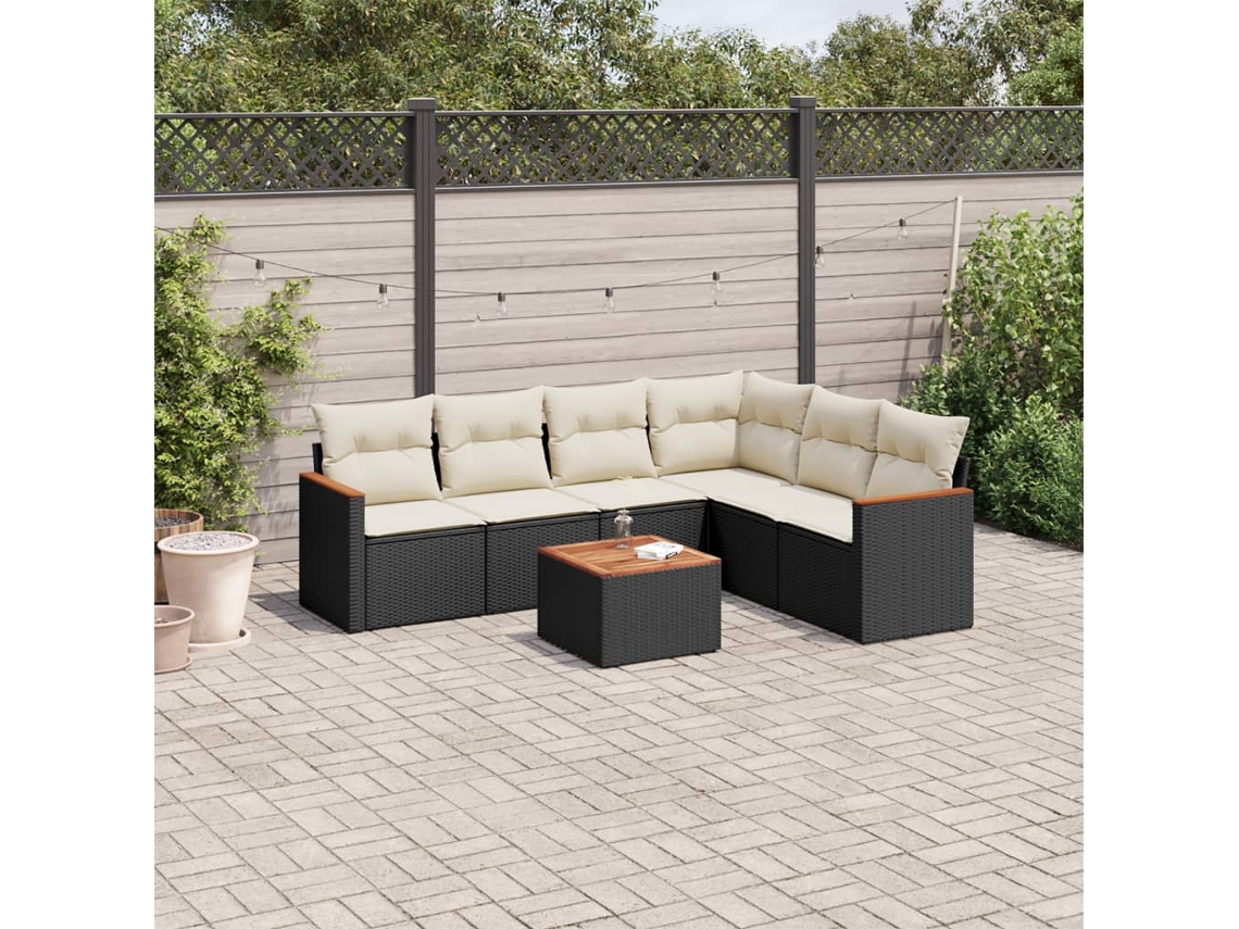 Jogo de Sofá 7 Peças P/ Jardim C/ Almofadões Vime Pe Preto Dkd Home Decor