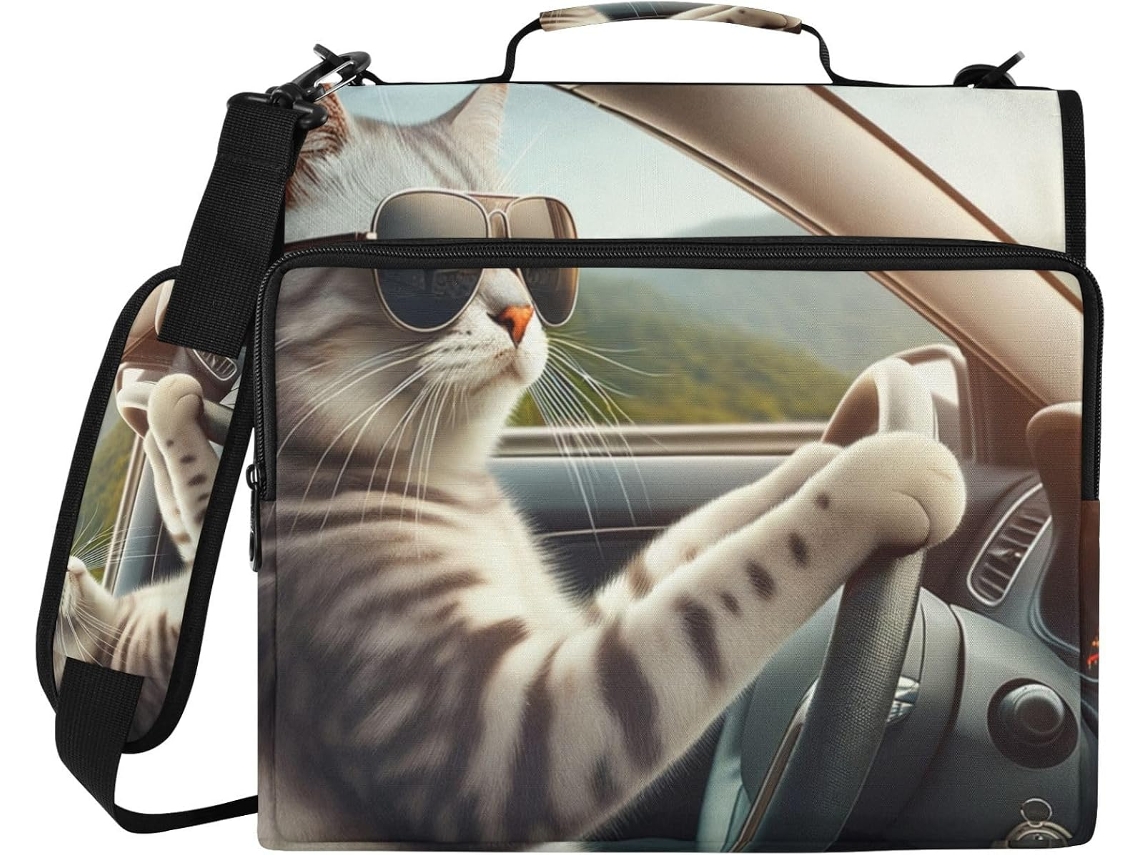 Organizador divertido com estampa de gato dirigindo um carro, com zíper para datar, ideal para escola e escola.