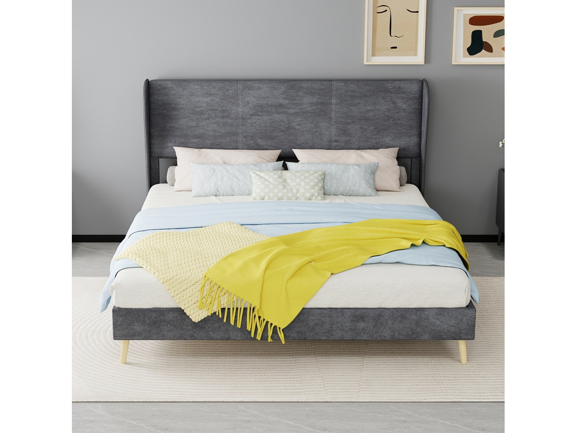 Cama Estofada Minimalista 160x200 Cm Cinza Com Cabeceira Macia, Base Baixa Sem Arrumação (sem Colchão)