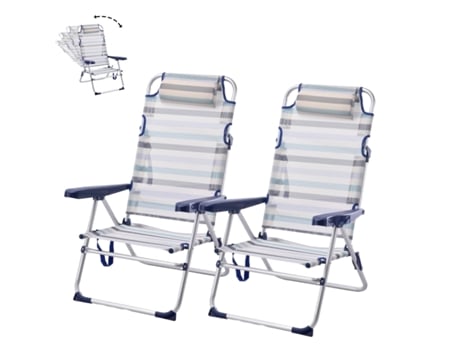 Pacote de 2 Cadeira de Praia Dobrável e Reclinável com Almofada de 5 Posições 57X31X62/101Cm Listra Cinza SELEOK