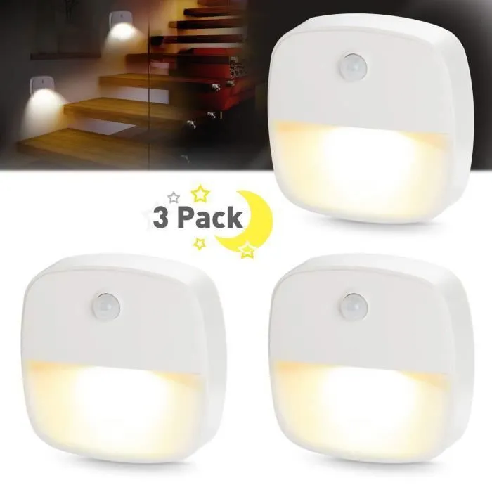 Luminária de Parede/ Luz Noturna Led com Sensor de Movimento, Pacote com 3 Unidades, Branca, Estilo Escandinavo Moderno BRILVIBERA