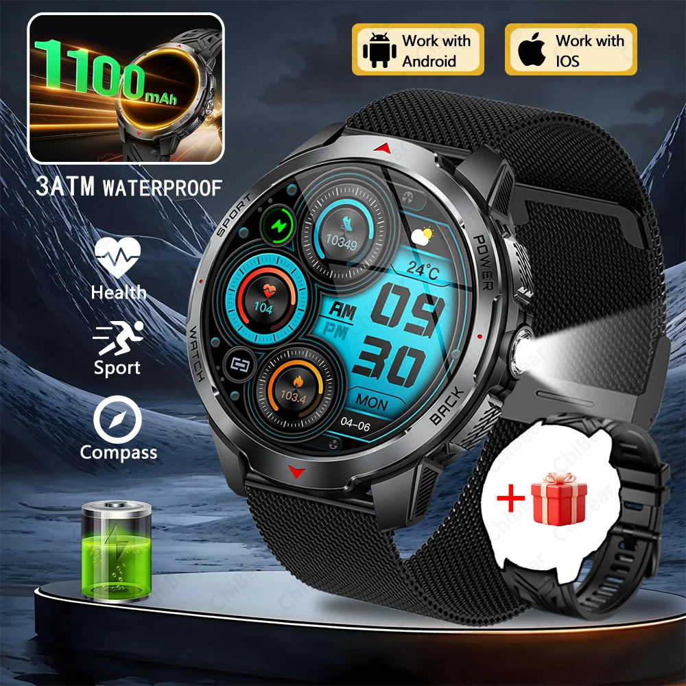 Smartwatch com Gps, Bússola, Luz Led, Resistência À Água 5atm, Chamadas Bluetooth MDUG (pulseira de Malha Prateada)