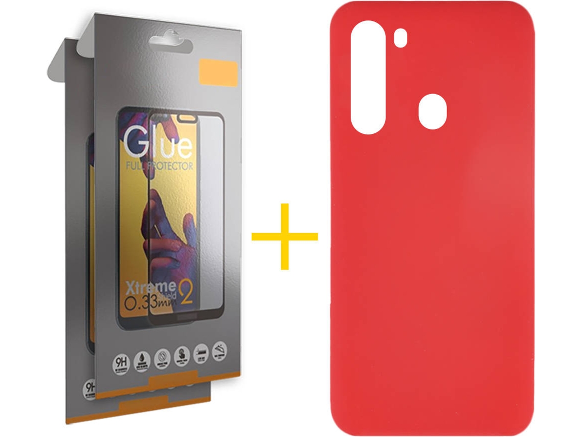 Capa e 2 x Película de Vidro Full Samsung Galaxy A21 SKYHE Silicone Líquido Vermelho