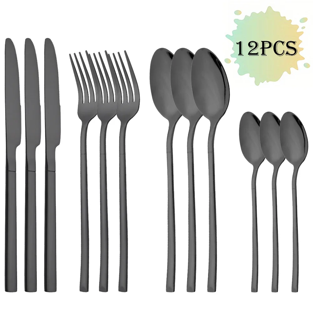 MDUG (conjunto de Talheres Pretos de Aço Inoxidável com 12 Peças, Incluindo Faca, Garfo e Colher de Café)