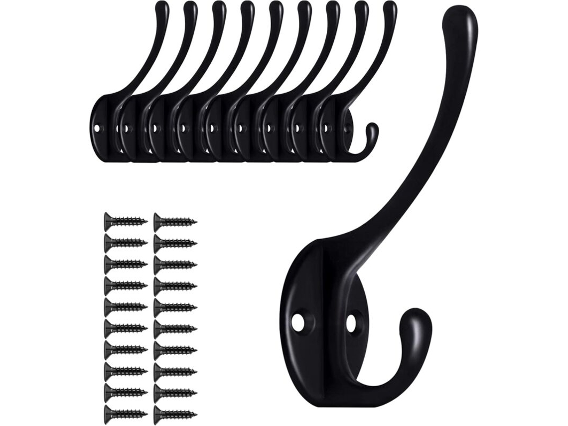 Conjunto De 10 Ganchos Duplos Para Casacos, Ferragens Pretas, Para Parede, Resistentes, Para Pendurar Toalhas, Bolsas, Bonés, Cachecóis