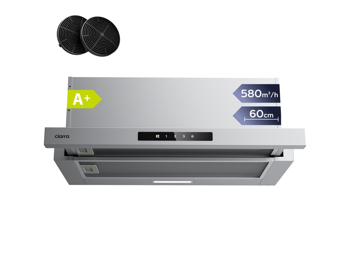 Exaustor Ciarra Telescópico 60cm 580m³/h Recirculação Com Filtros De Carvão (2 Peças) 3 Modos Sensortouch Inox Aws6909a