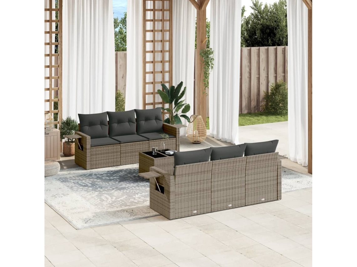 Vidaxl 7 Pcs Conjunto Sofás P/ Jardim C/ Almofadões Vime Pe Cinzento