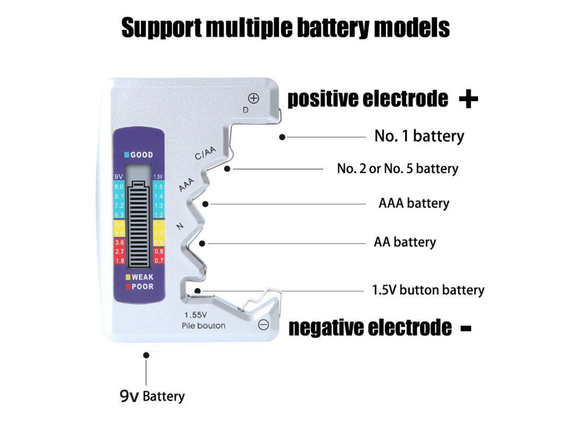 Testador de Bateria Visor Lcd Aa/Aaa/C/D/9V/1,5V Célula de Botão 18650
