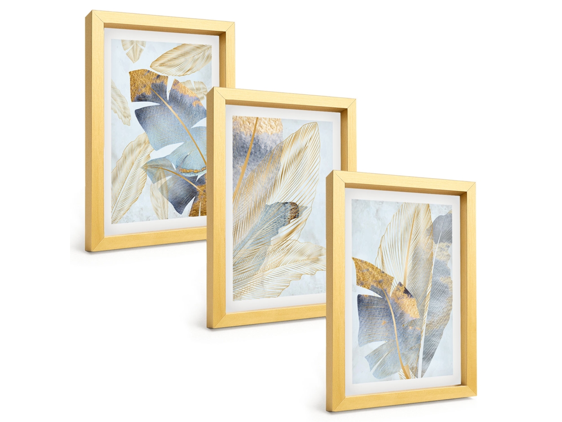 Composição De Quadrosfolhas Azul-bege Claro Moldura Dourada Imagens Para Um Quarto Infantil Espelharte (3 Peças 20x30 Cm)