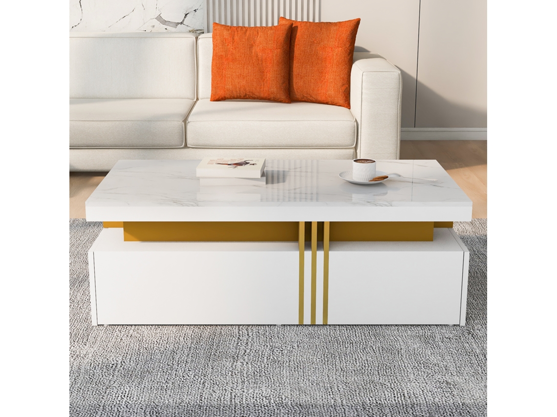 Mesa Baixa Com 2 Gavetas Tampo Com Padrão Em Mármore Estilo Escandinavo Branco Mobrio