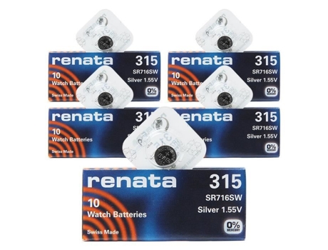 RENATA 315 Sr716Sw 5Pack X 10Pcs = 50 Silver 1.55V Bateria de Relógio Feita na Suíça