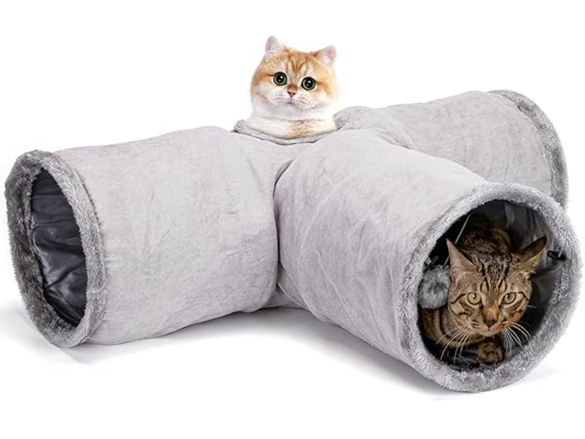Túnel para Gatos com Três Passagens, Felpudo, Abertura e Bola Suspensa, Dobrável, Adequado para Animais de Pequeno Porte, Ergonômico STELASPLEN