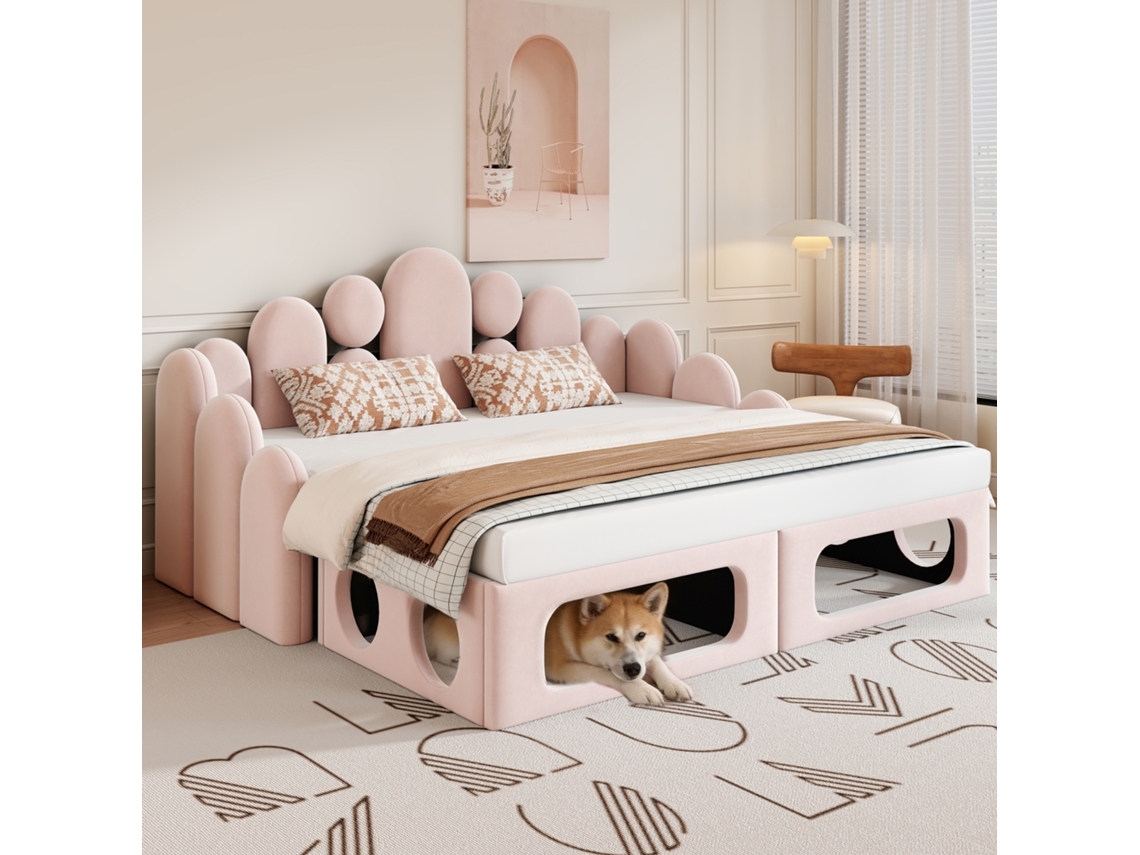Sofá-cama 2 Em 1 Veludo Rosa 180x200cm Com Cama Animal
