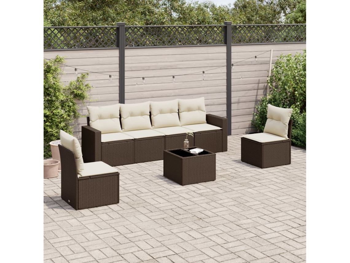 Vidaxl 7 Pcs Conjunto De Sofás Jardim C/ Almofadões Vime Pe Castanho