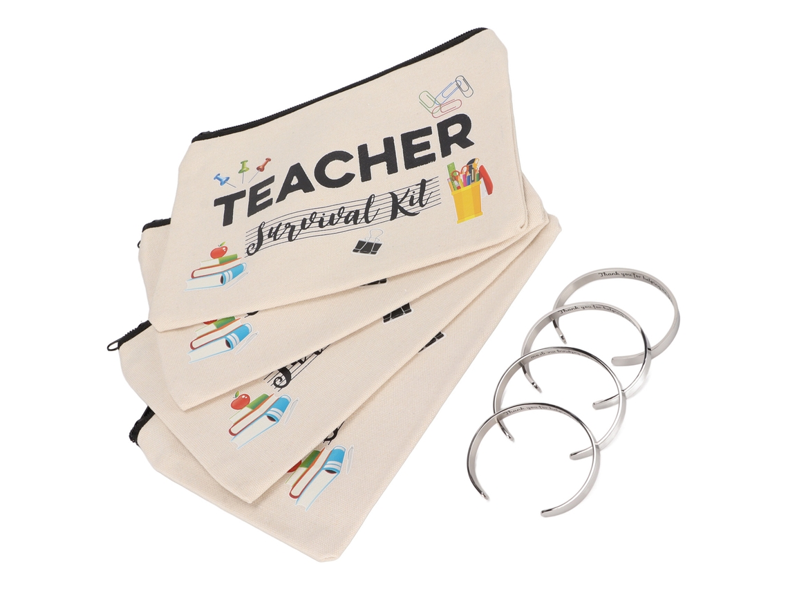 Teacher Appreciation Gifts 4 Makeup Pouch Bags 4 Stainless Steel Bracelets