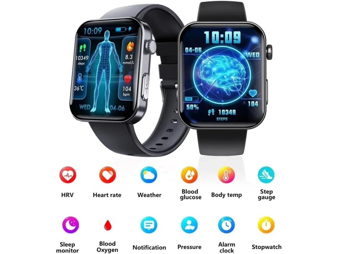 Relógio inteligente Bestvite com tela de 2,1 polegadas, chamadas Bluetooth, monitoramento de saúde, à prova d'água IP67, preto