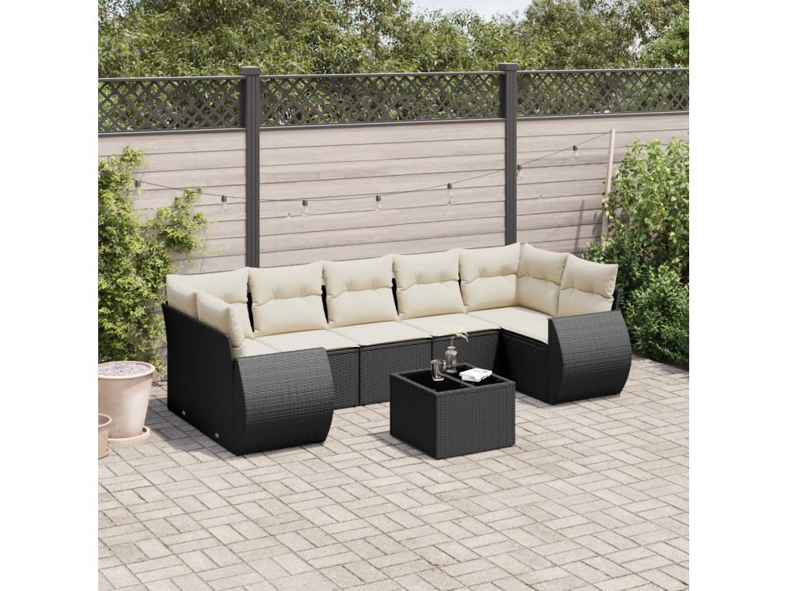 Vidaxl 8 Pcs Conjunto Sofás De Jardim Com Almofadões Vime Pe Preto