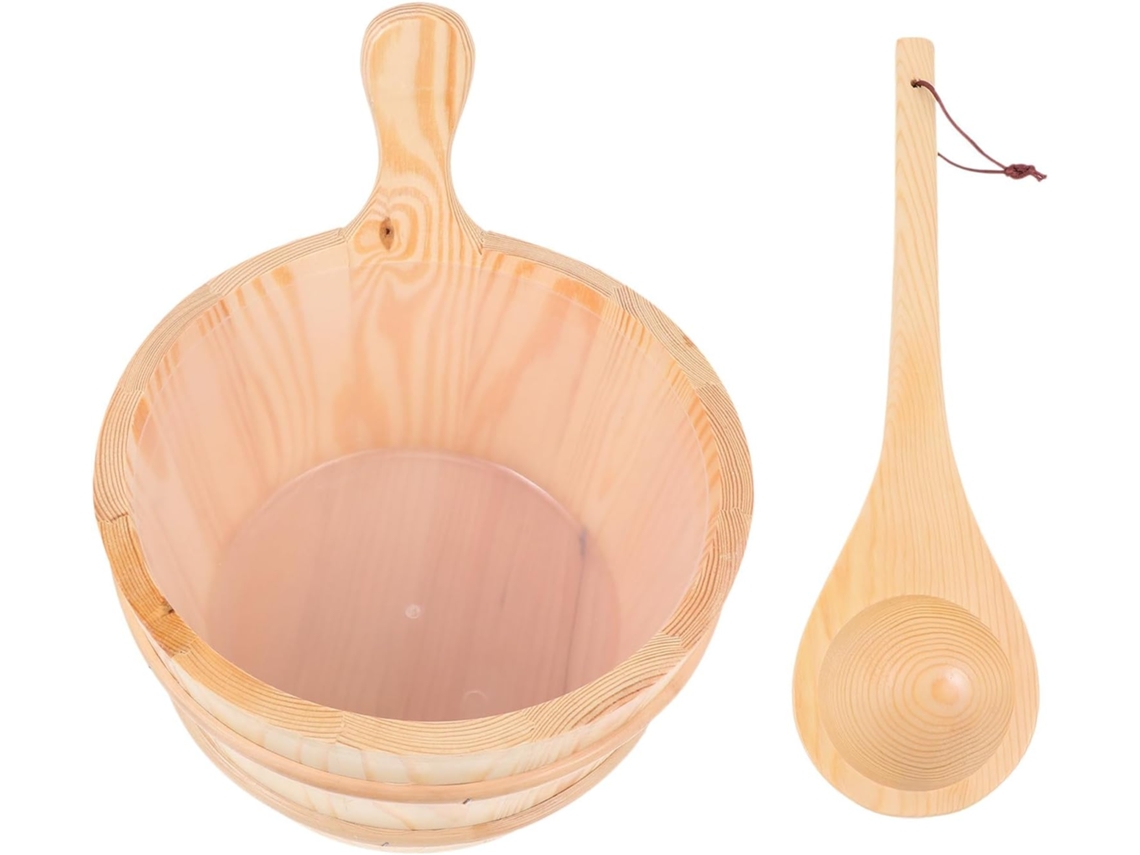 Inoomp Acessórios para Sauna: Balde e Colher de Madeira com Reservatório Interno para Sauna e Banho. para CHABERLU (2 Peças)