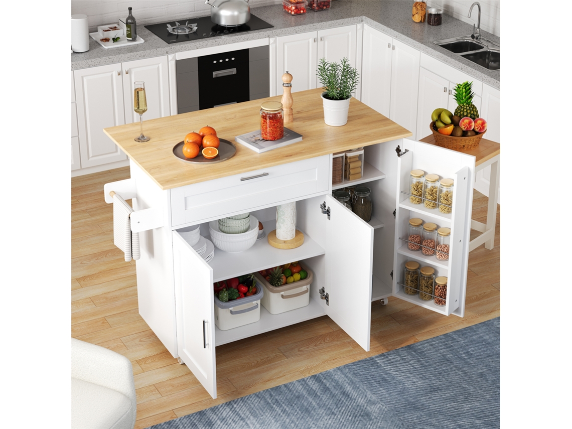 Mesa De Cozinha Móvel Grande De 132,544 90cm, Tampo Dobrável, Acabamento Em Carvalho, Armário Multifuncional, Suporte Para Temperos BAGOLY (70)