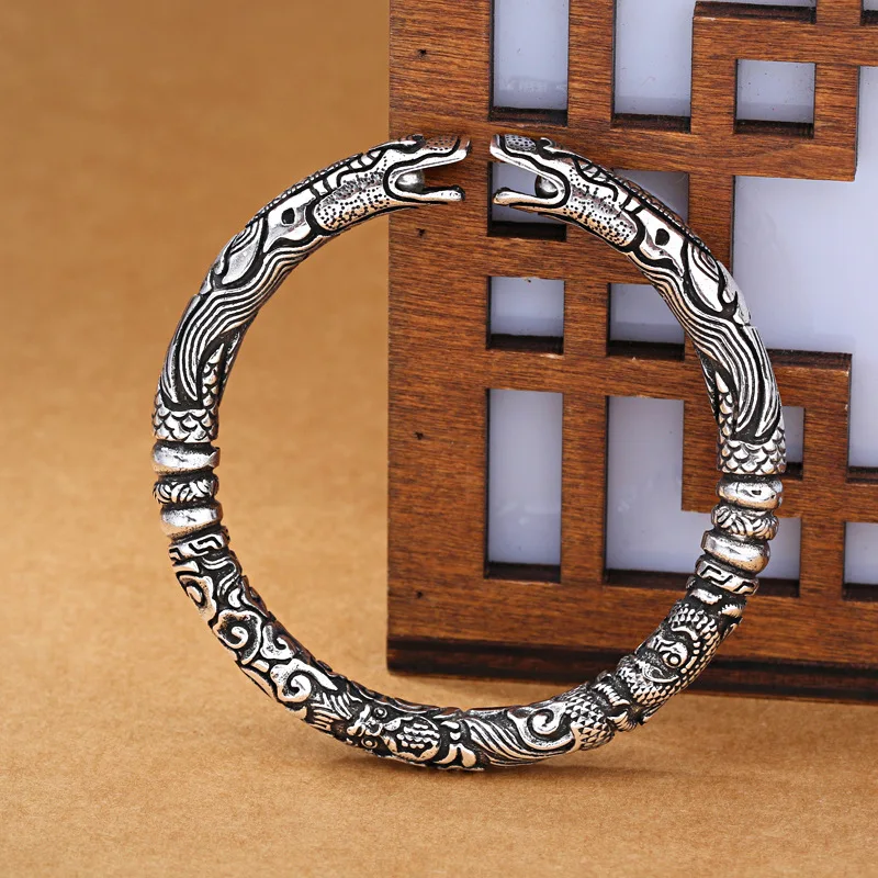 Pulseira/anel Tibetano em Prata com Dois Dragões e Pulseira Ajustável. MDUG