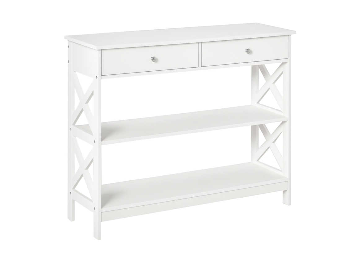 Mesa de Console com 2 Gavetas e 2 Prateleiras, Console de Entrada e Sala de Estar em Mdf, 100x30,5x80cm, Branco pt