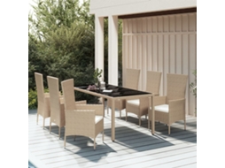 7 Pcs Conjunto De Jantar P/ Jardim Com Almofadões Vime Pe Bege Dkd Home Decor