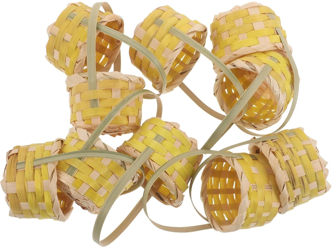 Conjunto De 10 Mini Cestos De Bambu Trançado Com Alça.