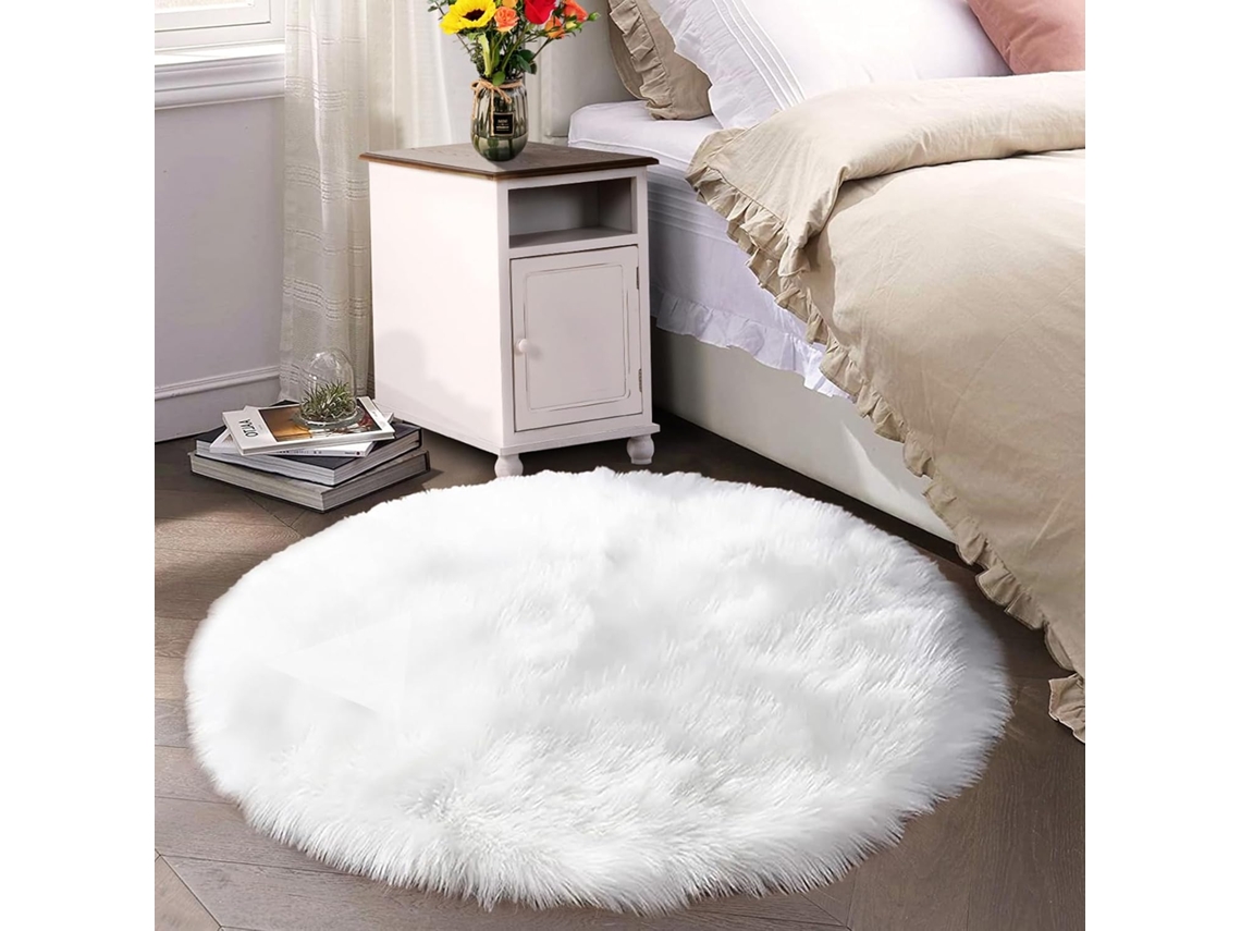 Tapete Redondo Branco De Pele De Carneiro Sintética, 150 Cm, Fofo E Lavável, Ideal Para Decorar Um Quarto, Dormitório Ou Sala De Estar.