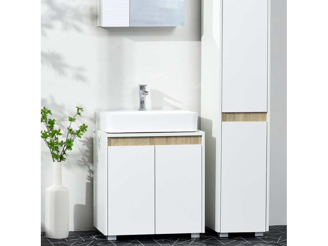 Armário para Lavatório Kleankin 57x33x60cm, 2 Portas, Armazenamento Interno e Anti tombo, Branco e Madeira para Banheiro