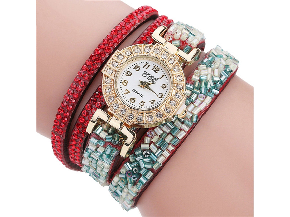 Relógio de Pulso Feminino de Quartzo com Pulseira Multicamadas e Cristais Coloridos (vermelho)