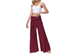 2026 pantalones de Pijama de Pierna Ancha para Mujer de Cintura Alta Con Correa Atada para Playa Yoga Y Descanso XXL Vino Rojo