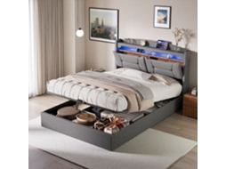 Cama De Casal 140x200 Cm,luzes Led,caixa De Armazenamento Hidráulica,cabeceira Com Arrumação Oculta,para Quarto E Apartamento,linho,cinza,rosahqnda