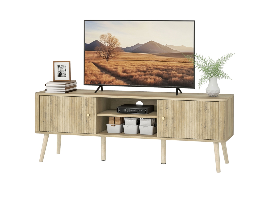 Suporte Tv Até 65 Polegadas Com 2 Portas E Compartimentos Abertos, 140x35x49cm, Prateleira Ajustável Carvalho