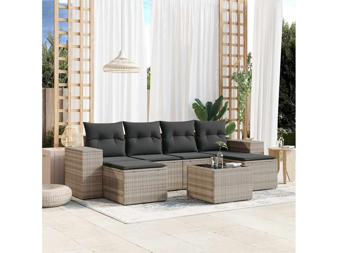 Vidaxl 7 Pcs Conj. Sofás Jardim Com Almofadões Vime Pe Cinzento-claro