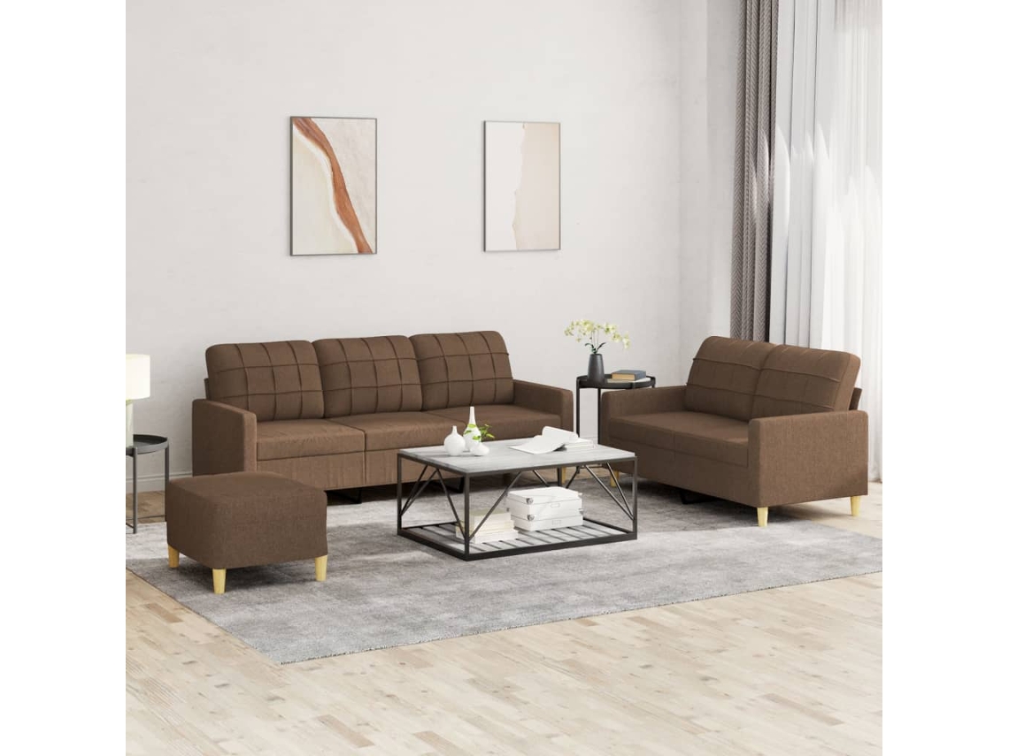 Vidaxl 3 Pcs Conjunto De Sofás Com Almofadões Tecido Castanho