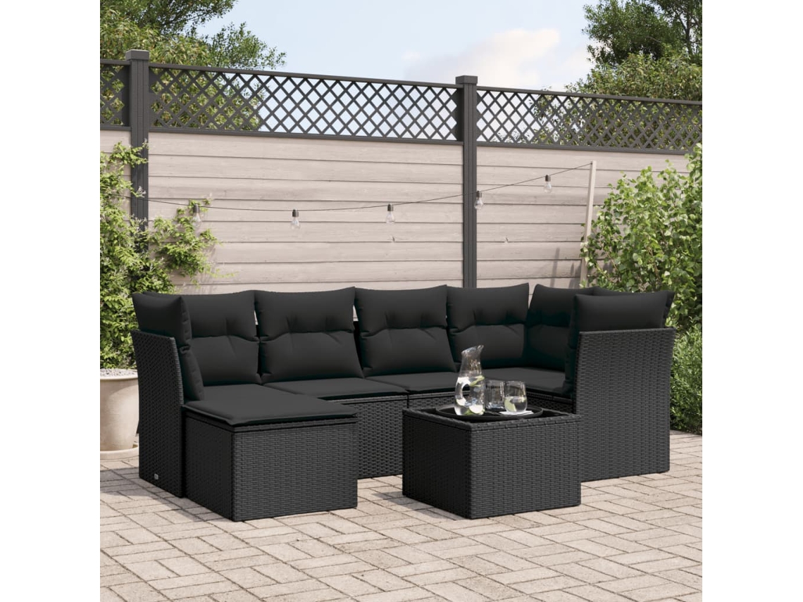 7 Pcs Conjunto De Sofás P/ Jardim C/ Almofadões Vime Pe Preto Dkd Home Decor