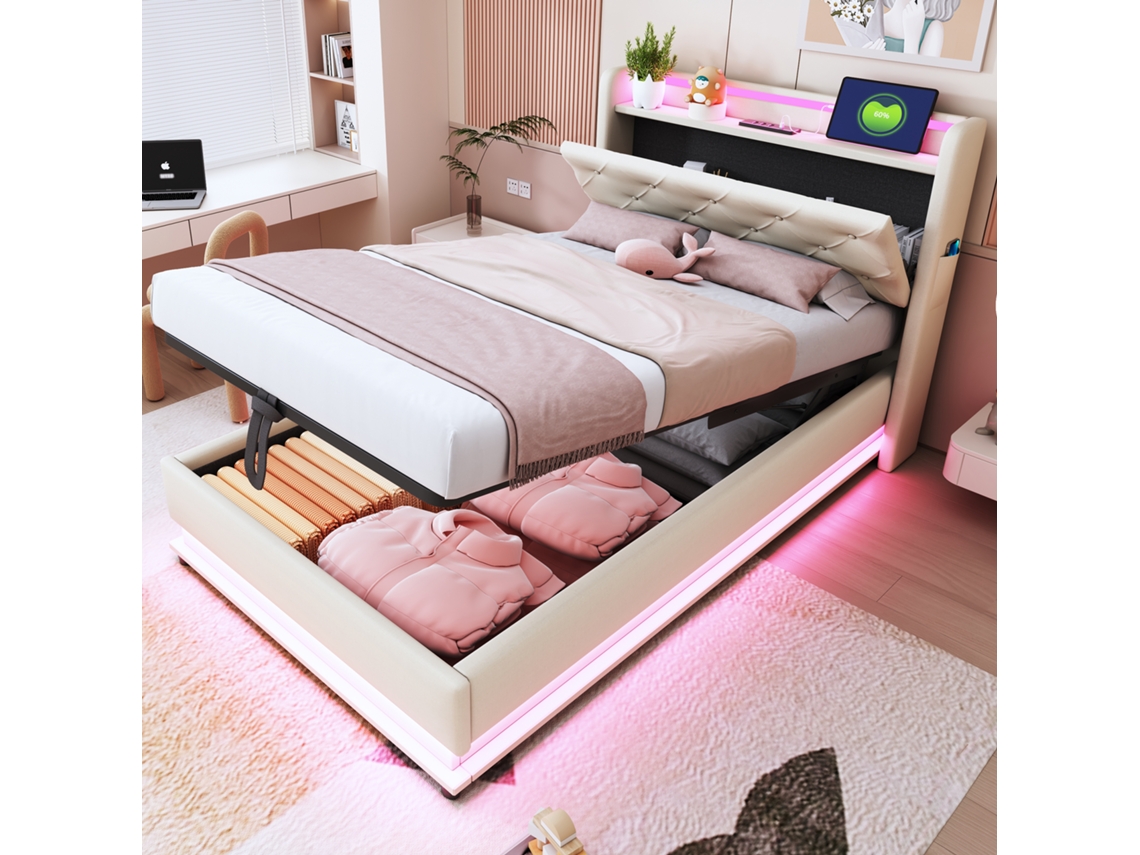 Cama Infantil Veludo 90x200 com Led Usb e Baú Hidráulico