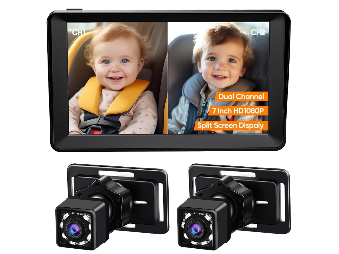 Monitor De Bebê Para Carro Com Lente Dupla De 7 Polegadas E Exibição Simultânea Para Duas Crianças.