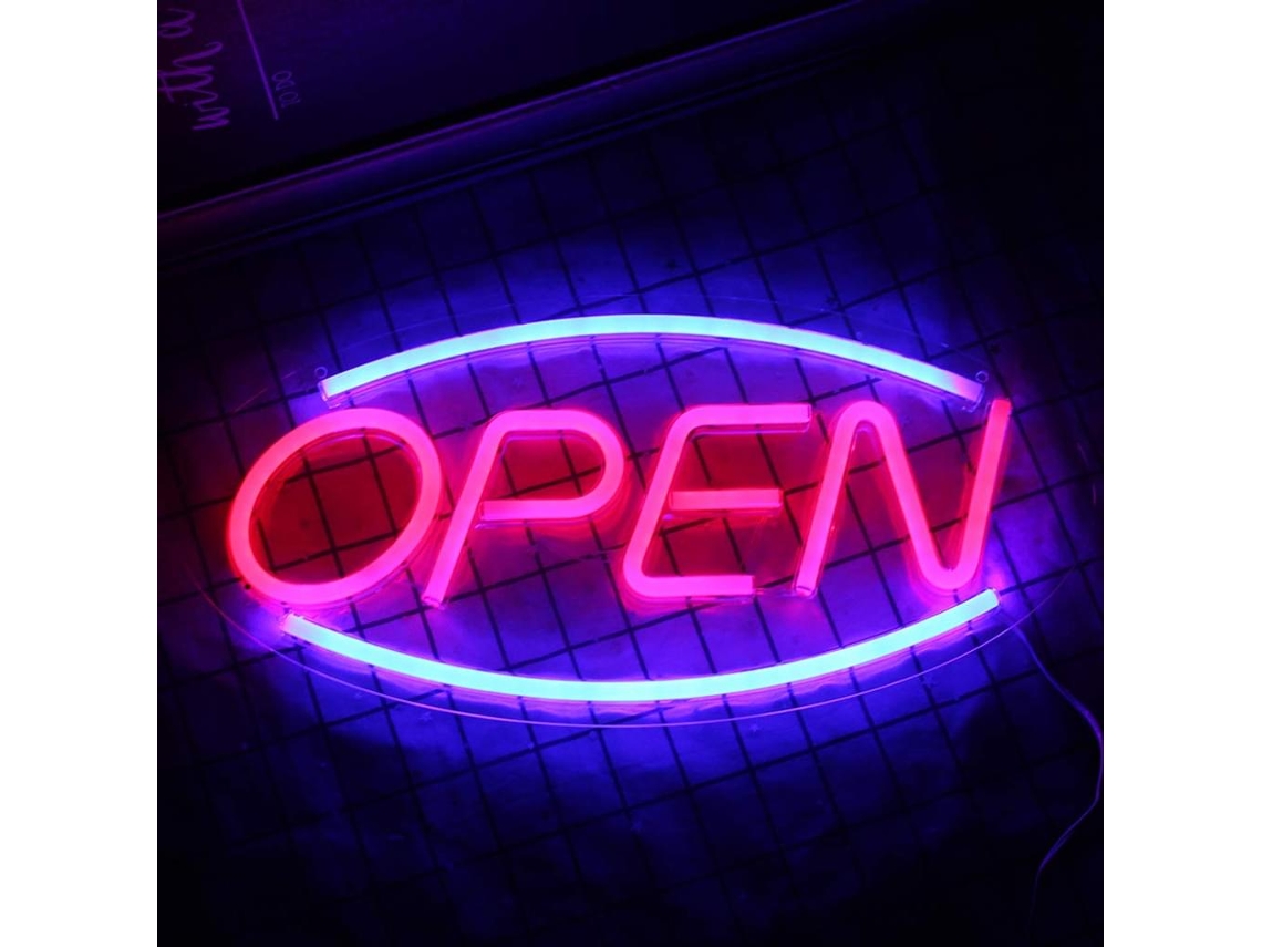 Placa Acrílica Dupla Face com Luzes Neon Bicolores Open