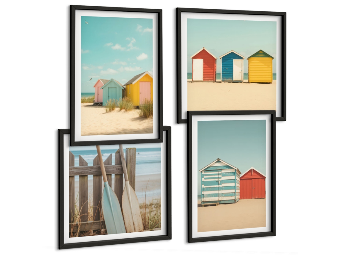 Composição De Quadros Casinhas De Praia Marítimas Estilosas Espelharte (4 Peças)