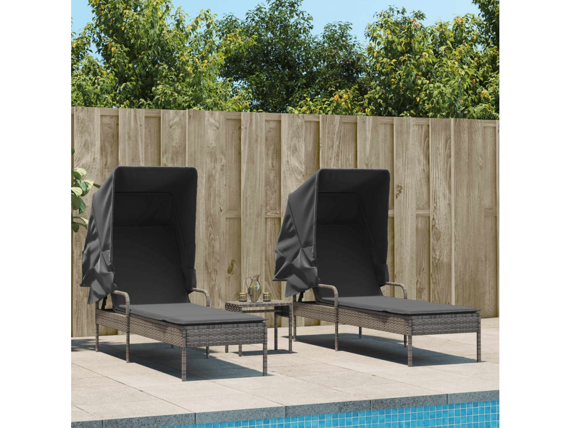 Vidaxl Espreguiçadeiras Com Toldos E Mesa 2 Pcs Vime Pe Cinzento
