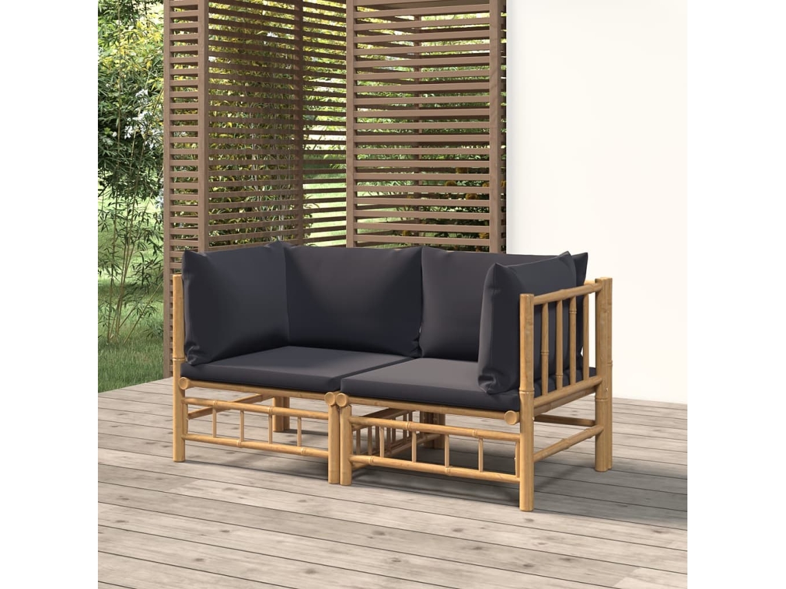 Vidaxl Sofás De Canto P/ Jardim Bambu C/ Almofadões 2 Pcs Cinza-escuro