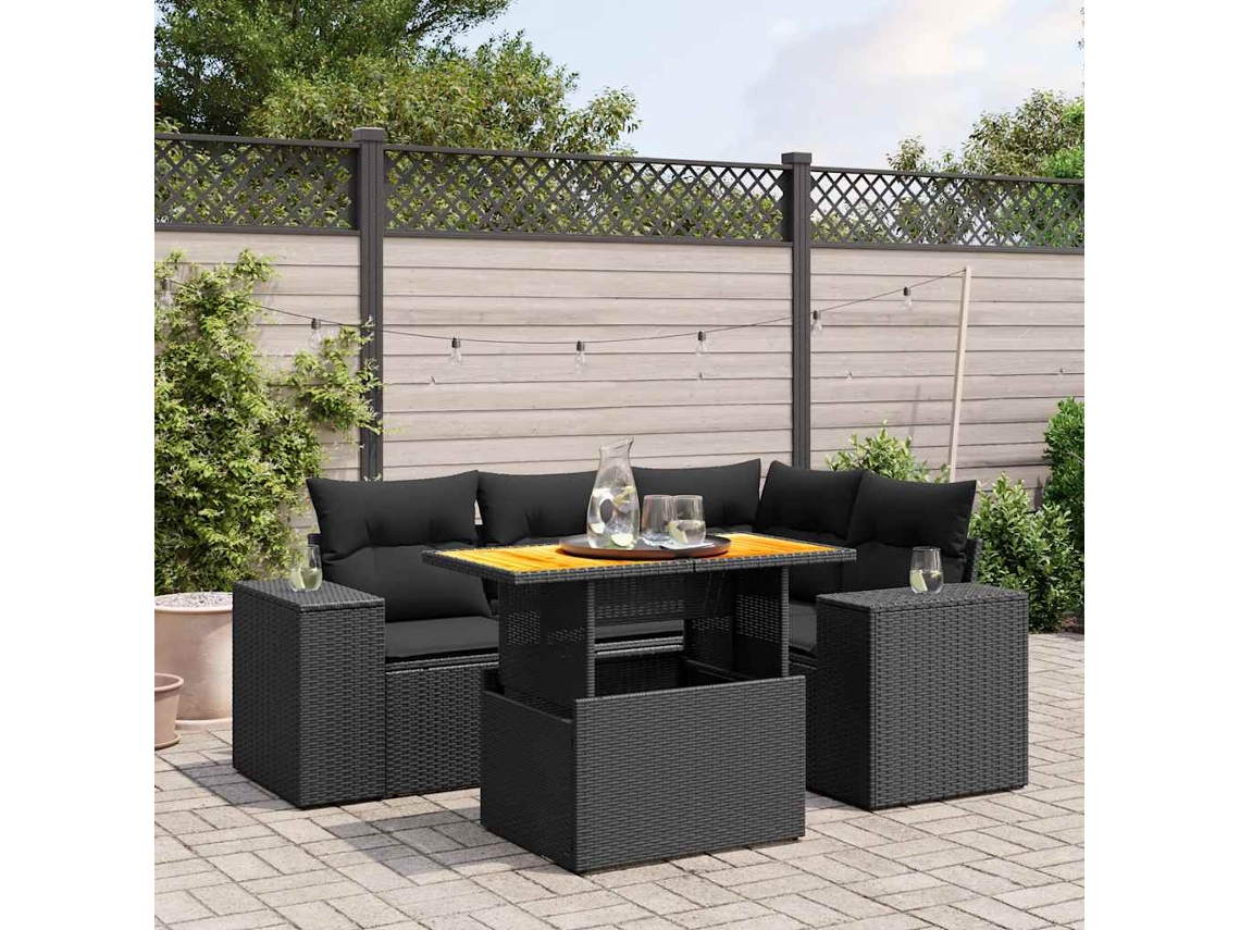 Vidaxl 5 Pcs Conjunto Sofás De Jardim Com Almofadões Vime Pe Preto